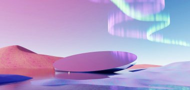 3d render Surreal pastel landscape background with geometric shapes, abstract fantastic desert dune in seasoning landscape with arches, panoramic, futuristic scene with copy space, blue sky and cloudy