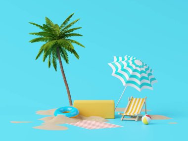 Yaz tatili plaj soyut arka plan konsepti, Minimal Gerçekçi Ürün Model veya Kozmetik Podyumu yaz temalı, plaj şemsiyeli, kum, sandalye, şişirilebilir yüzük. 3d oluşturma