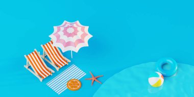 Yaz tatili plaj soyut arka plan konsepti, Minimal Gerçekçi Ürün Model veya Kozmetik Podyumu yaz temalı, plaj şemsiyeli, kum, sandalye, şişirilebilir yüzük. 3d oluşturma