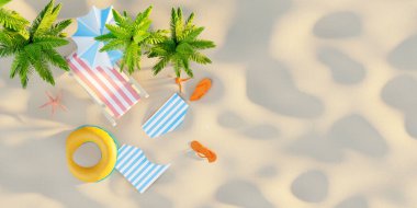 Yaz tatili plaj soyut arka plan konsepti, Minimal Gerçekçi Ürün Model veya Kozmetik Podyumu yaz temalı, plaj şemsiyeli, kum, sandalye, şişirilebilir yüzük. 3d oluşturma