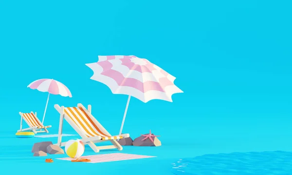 夏休みのビーチ抽象的な背景の概念 夏のテーマ ビーチの傘 インフレータブルリングと製品のモックアップや化粧品のための最小現実的なディスプレイの表彰台 3Dレンダリング — ストック写真
