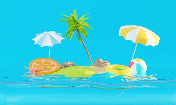 暑假海滩抽象背景概念 以夏季主题 沙滩伞 充气环的产品模型或化妆品的最小实际展示平台 3D渲染 — 图库照片