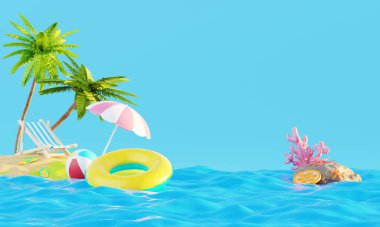 Yaz tatili plaj soyut arka plan konsepti, Minimal Gerçekçi Ürün Model veya Kozmetik Podyumu yaz temalı, plaj şemsiyeli, kum, sandalye, şişirilebilir yüzük. 3d oluşturma