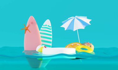 Yaz tatili plaj soyut arka plan konsepti, Minimal Gerçekçi Ürün Model veya Kozmetik Podyumu yaz temalı, plaj şemsiyeli, kum, sandalye, şişirilebilir yüzük. 3d oluşturma