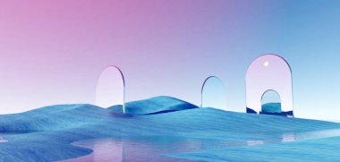 3d render Surreal pastel landscape background with geometric shapes, abstract fantastic desert dune in seasoning landscape with arches, panoramic, futuristic scene with copy space, blue sky and cloudy