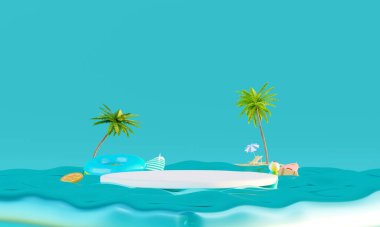 Yaz tatili plaj soyut arka plan konsepti, Minimal Gerçekçi Ürün Model veya Kozmetik Podyumu yaz temalı, plaj şemsiyeli, kum, sandalye, şişirilebilir yüzük. 3d oluşturma