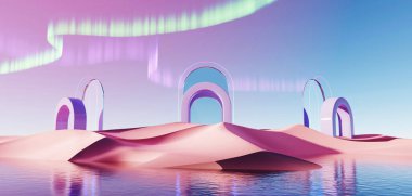 3d render Surreal pastel landscape background with geometric shapes, abstract fantastic desert dune in seasoning landscape with arches, panoramic, futuristic scene with copy space, blue sky and cloudy