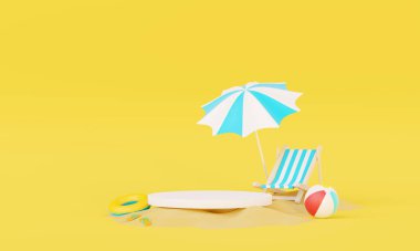 Yaz tatili plaj soyut arka plan konsepti, Minimal Gerçekçi Ürün Model veya Kozmetik Podyumu yaz temalı, plaj şemsiyeli, kum, sandalye, şişirilebilir yüzük. 3d oluşturma