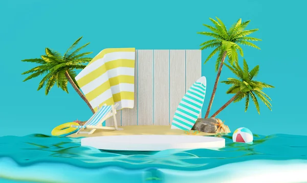 夏休みのビーチ抽象的な背景の概念 夏のテーマ ビーチの傘 インフレータブルリングと製品のモックアップや化粧品のための最小現実的なディスプレイの表彰台 3Dレンダリング — ストック写真