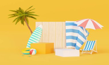 Yaz tatili plaj soyut arka plan konsepti, Minimal Gerçekçi Ürün Model veya Kozmetik Podyumu yaz temalı, plaj şemsiyeli, kum, sandalye, şişirilebilir yüzük. 3d oluşturma