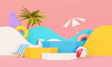 Yaz tatili plaj soyut arka plan konsepti, Minimal Gerçekçi Ürün Model veya Kozmetik Podyumu yaz temalı, plaj şemsiyeli, kum, sandalye, şişirilebilir yüzük. 3d oluşturma