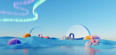 3d render Surreal pastel landscape background with geometric shapes, abstract fantastic desert dune in seasoning landscape with arches, panoramic, futuristic scene with copy space, blue sky and cloudy