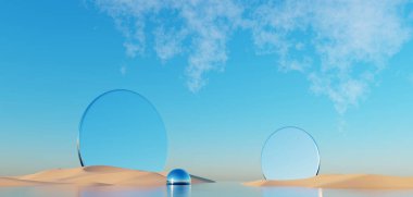 3d render Surreal pastel landscape background with geometric shapes, abstract fantastic desert dune in seasoning landscape with arches, panoramic, futuristic scene with copy space, blue sky and cloudy