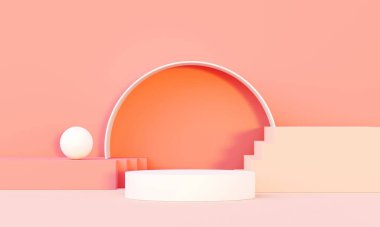 3D Render, Minimal Realistik Pastel Ürün Moda Podyumu Renkli Pasta Stüdyosunda Kozmetik Sunumu, Silindir Kalıplı Vitrin Sahnesi, Geometrik Şekiller Arkaplan.