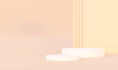 3D Render, Minimal Realistik Pastel Ürün Moda Podyumu Renkli Pasta Stüdyosunda Kozmetik Sunumu, Silindir Kalıplı Vitrin Sahnesi, Geometrik Şekiller Arkaplan.