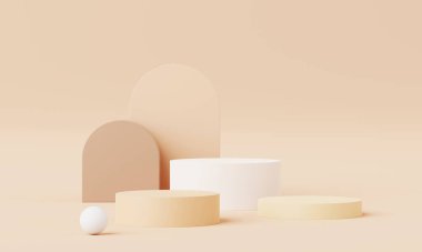 3D Render, Minimal Realistik Pastel Ürün Moda Podyumu Renkli Pasta Stüdyosunda Kozmetik Sunumu, Silindir Kalıplı Vitrin Sahnesi, Geometrik Şekiller Arkaplan.