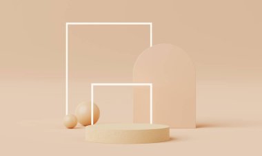 3D Render, Minimal Realistik Pastel Ürün Moda Podyumu Renkli Pasta Stüdyosunda Kozmetik Sunumu, Silindir Kalıplı Vitrin Sahnesi, Geometrik Şekiller Arkaplan.