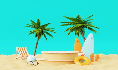 Yaz tatili plaj soyut arka plan konsepti, Minimal Gerçekçi Ürün Model veya Kozmetik Podyumu yaz temalı, plaj şemsiyeli, kum, sandalye, şişirilebilir yüzük. 3d oluşturma