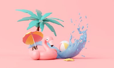 Flamingo şişirilebilir halka arka plan kavramlı yaz pembe tatil plajı, Minimal Realistik Ürün Modeli Podyumu veya yaz pembe temalı Kozmetik, şişme yüzük. 3d oluşturma