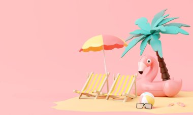 Flamingo şişirilebilir halka arka plan kavramlı yaz pembe tatil plajı, Minimal Realistik Ürün Modeli Podyumu veya yaz pembe temalı Kozmetik, şişme yüzük. 3d oluşturma