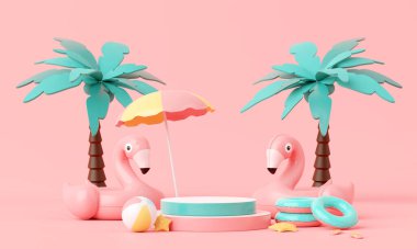 Flamingo şişirilebilir halka arka plan kavramlı yaz pembe tatil plajı, Minimal Realistik Ürün Modeli Podyumu veya yaz pembe temalı Kozmetik, şişme yüzük. 3d oluşturma