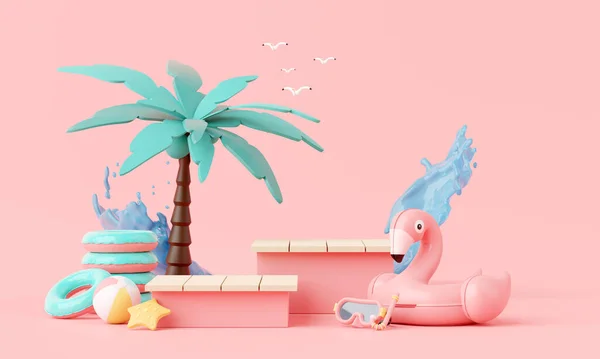 Летний Розовый Пляж Отдыха Надувной Концепцией Кольца Фламинго Минимальный Реалистичный — стоковое фото