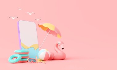 Flamingo şişirilebilir yüzük, akıllı telefon ve diğer arka plan konseptiyle minimum pembe tatil plajı yaz pembe temalı Ürün Modeli veya Kozmetik. 3d oluşturma