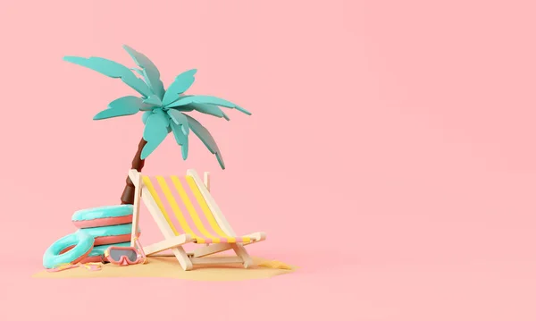 かわいい要素インフレータブルリング ビーチチェア シュノーケリングの背景コンセプト 夏のピンクをテーマにした製品のモックアップや化粧品のための表示を持つ夏の最小ピンクの休暇のビーチ 3Dレンダリング — ストック写真