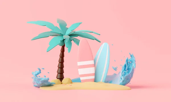 Sommerpinkfarbener Urlaubsstrand Mit Minimal Surfboard Insel Elementen Hintergrundkonzept Realistischem Display — Stockfoto