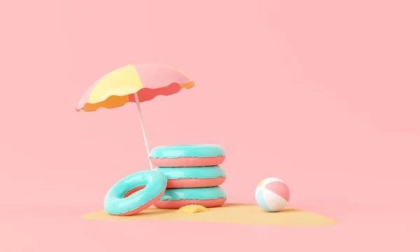 Summer pink vacation beach with elements minimal stack of inflatable ring, beach ball and umbrella background concept, Display for Product mock-up or Cosmetics with summer pink theme. 3d rendering
