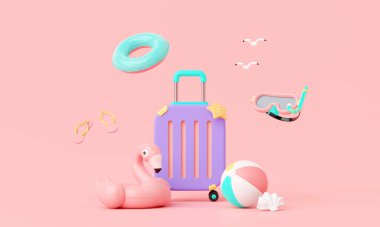 Minimum bavullu pembe tatil plajı, şişme yüzükler, diğer elementlerin arka plan konsepti, yaz pembe temalı ürün modeli. Minimum şirin tasarım. 3d hazırlayıcı.