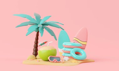 Minimal Sörf Tahtası, Ada, Elementler arka plan konsepti, Ürün Modeli İçin Gerçekçi Görünüm veya Yaz Pembe Temalı Kozmetik. Minimum şirin tasarım. 3d oluşturma
