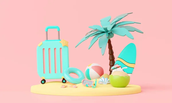 Летнее Время Розовый Отдых Пляж Минимальным Багажом Чемодан Надувные Кольца — стоковое фото