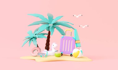 Minimum bavullu pembe tatil plajı, şişme yüzükler, diğer elementlerin arka plan konsepti, yaz pembe temalı ürün modeli. Minimum şirin tasarım. 3d hazırlayıcı.