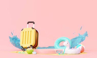 Tek boynuzlu at yüzüğüyle ve bavul valiziyle yaz pembe tatil plajı arka plan konsepti, Minimum ürün modeli podyumu veya yaz pembe temalı kozmetik, şişirilebilir yüzük. 3d oluşturma