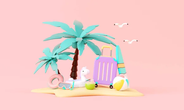 Летнее Время Розовый Отдых Пляж Минимальным Багажом Чемодан Надувные Кольца — стоковое фото