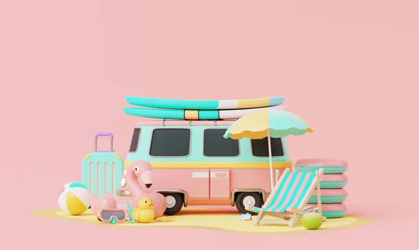 Spiaggia Estiva Vacanza Rosa Con Minibus Viaggio Minimale Tavola Surf — Foto Stock