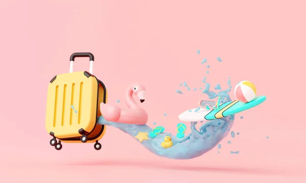 Θερινή Ώρα Ροζ Παραλία Διακοπών Minimal Βαλίτσα Αποσκευές Φουσκωτά Δαχτυλίδια — Φωτογραφία Αρχείου