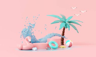 Flamingo şişirilebilir halka arka plan kavramlı yaz pembe tatil plajı, Minimal Realistik Ürün Modeli Podyumu veya yaz pembe temalı Kozmetik, şişme yüzük. 3d oluşturma