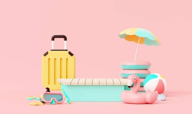 Flamingo şişirilebilir halka arka plan kavramlı yaz pembe tatil plajı, Minimal Realistik Ürün Modeli Podyumu veya yaz pembe temalı Kozmetik, şişme yüzük. 3d oluşturma