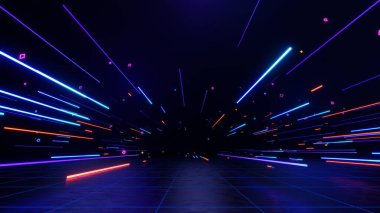 3D teknoloji soyut neon ışığı arka plan, boş uzay sahnesi, spot ışığı, karanlık gece, sanal gerçeklik, siber fütüristik bilim kurgu arka plan, model için sokak zemin stüdyosu. renkli geometrik.