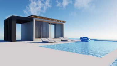 3D rendeleme modern ve lüks mimari tasarım konsepti, yazlık villa konutu ve yüzme havuzu ve deniz manzaralı özel, özel alan, otel veya güneşlenme yeri olan tatil köyü.