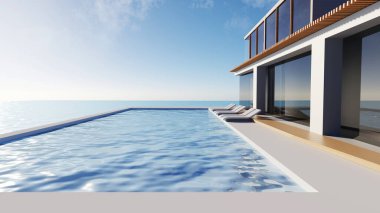 3D rendeleme modern ve lüks mimari tasarım konsepti, yazlık villa konutu ve yüzme havuzu ve deniz manzaralı özel, özel alan, otel veya güneşlenme yeri olan tatil köyü.