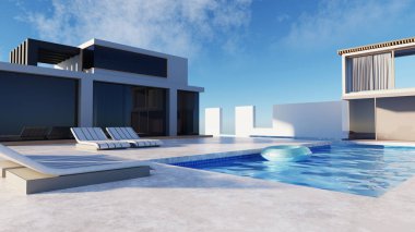 3D rendeleme modern ve lüks mimari tasarım konsepti, yazlık villa konutu ve yüzme havuzu ve deniz manzaralı özel, özel alan, otel veya güneşlenme yeri olan tatil köyü.