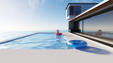 3D rendeleme modern ve lüks mimari tasarım konsepti, yazlık villa konutu ve yüzme havuzu ve deniz manzaralı özel, özel alan, otel veya güneşlenme yeri olan tatil köyü.
