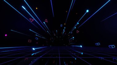3D teknoloji soyut neon ışığı arka plan, boş uzay sahnesi, spot ışığı, karanlık gece, sanal gerçeklik, siber fütüristik bilim kurgu arka plan, model için sokak zemin stüdyosu. renkli geometrik.