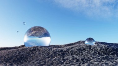 3D Surreal Shaggy yüzeyli Grassland dağ manzarası minimum konsept, soyut fantastik kum tepeciği, panoramik, gelecekteki güzellik çayırı. kopyalama alanı, mavi gökyüzü ve bulutlu