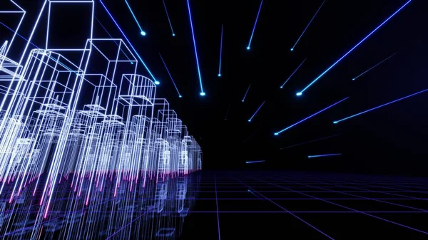 3Dホログラムメガシティ技術抽象ネオンライト背景 空の空間シーン スポットライト 暗い夜 仮想現実 サイバー未来的なSfの背景 モックアップのための通りの床スタジオ — ストック写真