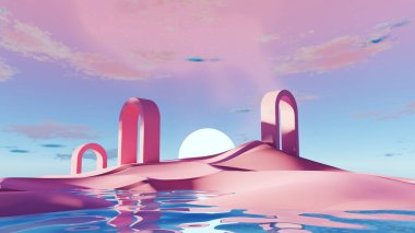3d render Surreal pastel landscape background with geometric shapes, abstract fantastic desert dune in seasoning landscape with arches, panoramic, futuristic scene with copy space, blue sky and cloudy