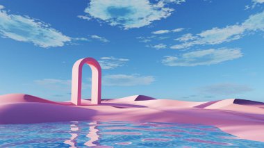 3d render Surreal pastel landscape background with geometric shapes, abstract fantastic desert dune in seasoning landscape with arches, panoramic, futuristic scene with copy space, blue sky and cloudy